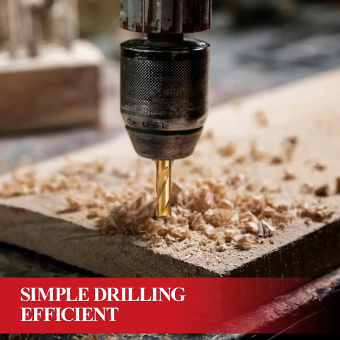 13 Piece HSS Drill Bit Set With Titanium Coating For Metal Wood Plastic in use on wood, close-up of 135° self-centering tip drilling