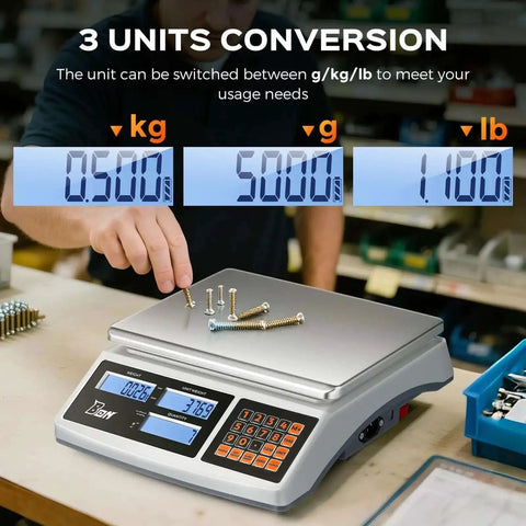 30Kg Digital Counting Scale With 0.1g Precision, Battery Powered Industrial Scale for small parts showing unit conversion