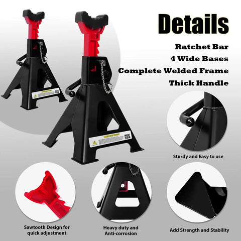 6 Ton Adjustable Jack Stands With Double Pin Locking And Rubber Pads For Garage, showing details of the design features