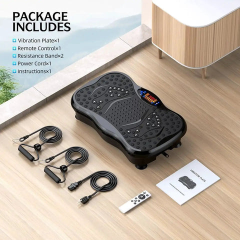 Vibration Plate Exercise Machine With Bluetooth And Remote Control on floor with resistance bands, power cord, and instruction manual.