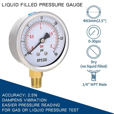 Low Pressure Water Gauge For HVAC And Plumbing Systems 0 To 30 Psi, 2.5 Inch Dial, Quarter Inch NPT Lower Mount, 304 Stainless Steel Case, BPSSDI