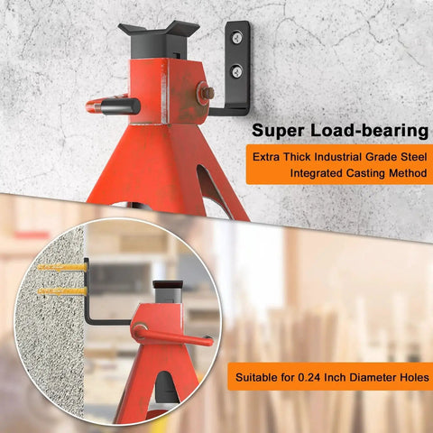 Side view of a red Heavy Duty Jack Stands Wall Mount Organizer For 2 To 6 Ton Capacity, mounted on a wall with screws.