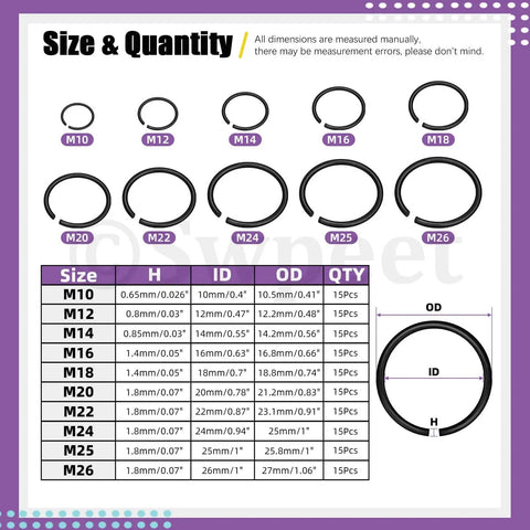 Chart showing sizes and quantities of All In One Snap Ring Kit for Bearings and Shafts, 150 Pcs External C Clips from 10mm to 26mm.