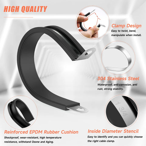 WYSIWYKA cable clamp, black 304 stainless steel P-clip with rubber cushion and mounting tab