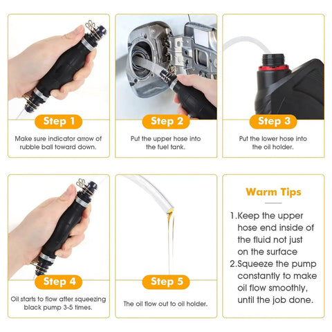 High Flow Hand Fuel Siphon Pump For Gasoline Oil Diesel With 2 Premium PVC Hoses shown in step-by-step usage guide