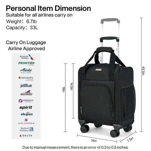 Underseat Carry On Luggage With Wheels Airline Approved 16 Inch Softside Spinner Case for Personal Item Compact Travel Luggage