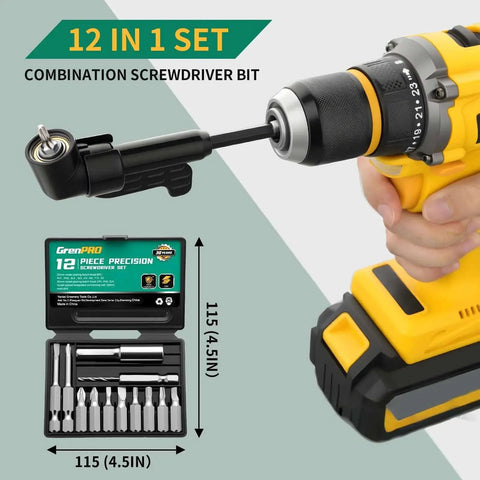 Flexible Drill Bit Extension Kit With 19 Pcs And 105 Degree Right Angle Attachments GRENPRO in use with drill