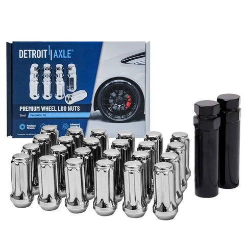 Beefed Up Front And Rear Wheel Hub Bearing Kit With Set Of 24 Chrome Lug Nuts And 2 Socket Keys Included displayed with packaging