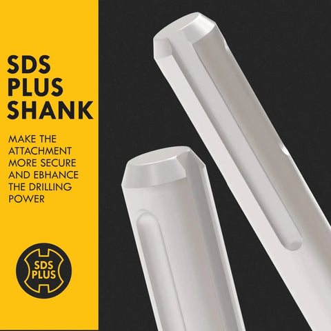 Close-up of SDS Plus shank from 12 Piece SDS Plus Rotary Hammer Drill Bits Set One Eighth Inch By Six Inch Masonry Bits For Concrete Stone Brick And Block With YG8 Carbide Blade Durable Construction Drill Bit Kit