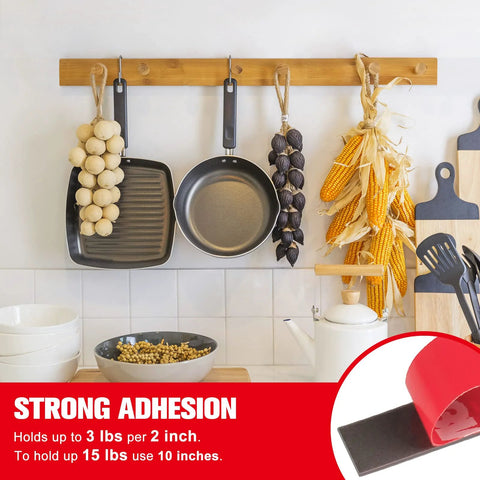 Double-sided heavy-duty waterproof mounting foam tape, 0.4 in x 33 ft, 3M VHB; red tape roll shown in kitchen decor scene.
