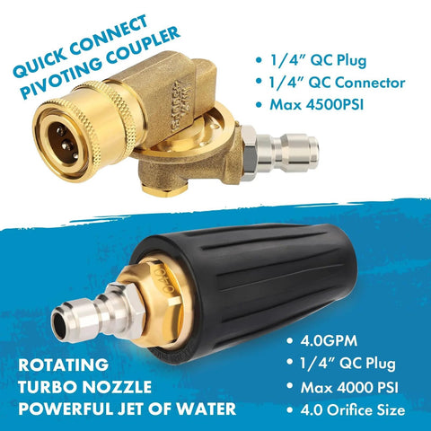 Turbo Nozzle For Pressure Washer With 360 Degree Rotating Spray And 7 Angled Tips, 4000 PSI Max, 1/4 Inch Quick Connect