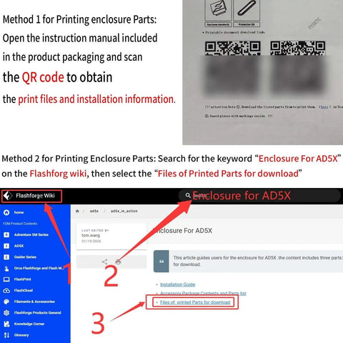Instructions for printing enclosure parts for Upgraded Enclosure Kit For Falshforge AD5X 3D Printer with QR code and download steps.