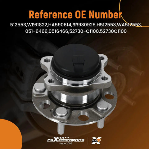 Front view of Rear Wheel Bearing And Hub Assembly With ABS Direct Fit For Hyundai Sonata 2016 To 2019 Tucson 2016 To 2021 Veloster N 2019 To 2021 Kia Optima 2016 To 2020 Sportage 2017 To 2020 Cadenza 2017 To 2020 With 5 Lug, showing metal construction and ABS feature.