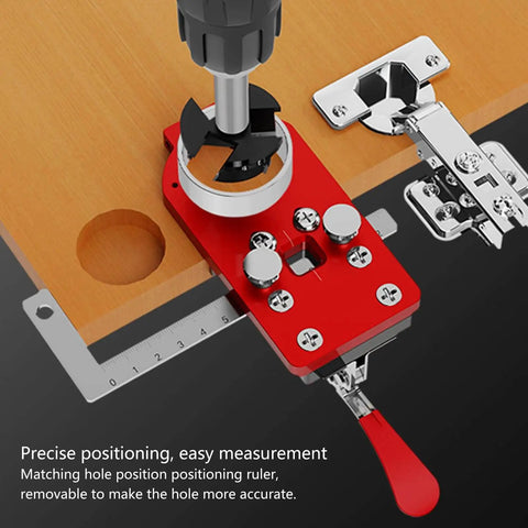 Stainless Steel 35mm Cup Hinge Drill Guide Jigs With Ball Bearing Guide shown in use for cabinet assembly with accurate hole spacing.