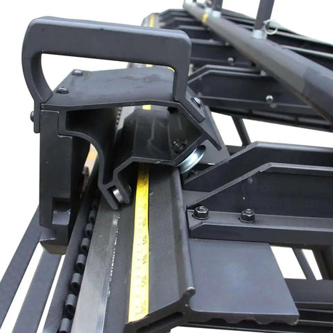 Close-up of Siding Brake 10.5ft 24 Gauge Sheet Metal Bender With Roller Knife, adjustable angles, steel frame, for roof repairs.