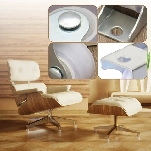Chair with close-up images of 1 Inch Mini Caster Wheels Set 8 Pieces Fixed Silent Non Swivel Thickened Rubber Castors With Metal Top Plate.