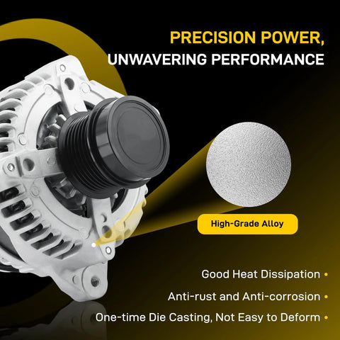 Premium 2.4L Four Cylinder Alternator Replacement For 2007 To 2013 Camry, 2009 To 2010 Corolla XRS, 2009 To 2013 Matrix, 2009 To 2010 Pontiac Vibe, And 2008 To 2013 Scion xB 2.4L L4 With Plug And Play Ease And Part Numbers 11195N 11195 104 front view showing pulley and alloy material