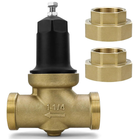 Brass NR3XL pressure reducing valve, 1-1/4 in, black adjustment cap, with two NPT adapters