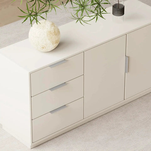 Brushed Nickel Finger Edge Pulls For Cabinets And Drawers, 5 Inch Hole Centers shown on modern white dresser
