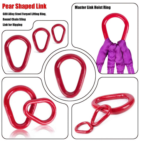 Pear Shaped Lifting Link Forged G80 Alloy Steel Teardrop Design with Balanced Load Distribution, various angles and uses shown.
