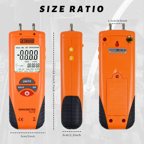 ZIBOO ET1013 digital manometer, orange handheld HVAC gas pressure tester with large backlit LCD; front, side, and rear views