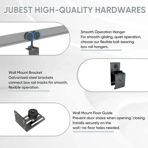 10 Foot Box Rail Exterior Barn Door Hardware Kit For Two Doors System Wall Mount Sliding Track Kit Black Heavy Duty Galvanized Steel Supports Doors Up To 450 Lbs Panels From One Three Eighths To One Three Quarter Inches Thick Doors Not Included components close-up with brackets and hangers.