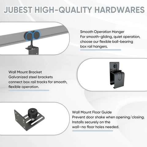 Close-up view of 8ft Box Rail Exterior Barn Door Hardware Kit Heavy Duty Black Sliding Track System components with description.