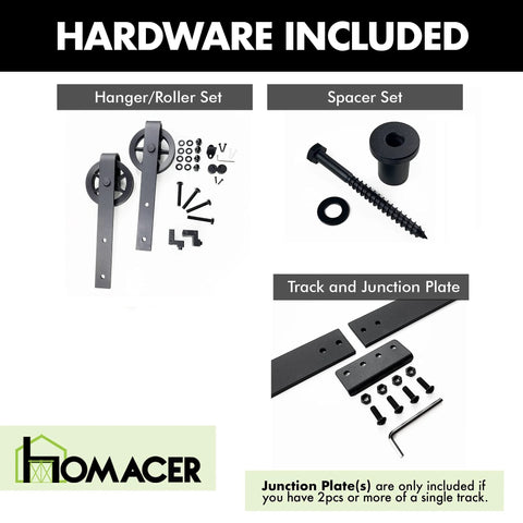 Components of Black Rustic Non Bypass Sliding Barn Door Hardware Kit Tough As Nails Built To Last For Two Doors Six Point Six Feet Long Flat Track With Spoke Wheel Rollers Heavy Duty For Indoor And Outdoor Use.