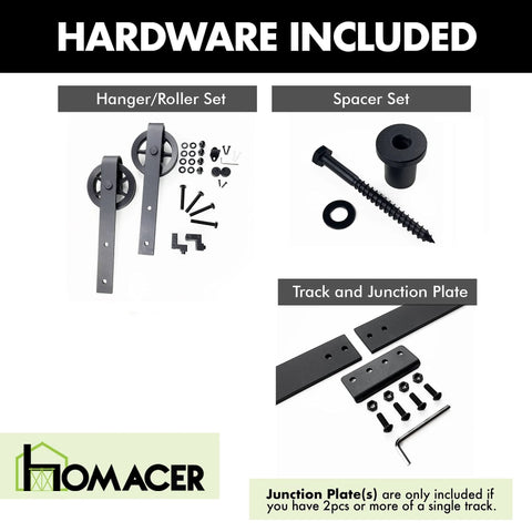 Black Rustic Non Bypass Sliding Barn Door Hardware Kit components including hanger/roller, spacer, track, and junction plate.