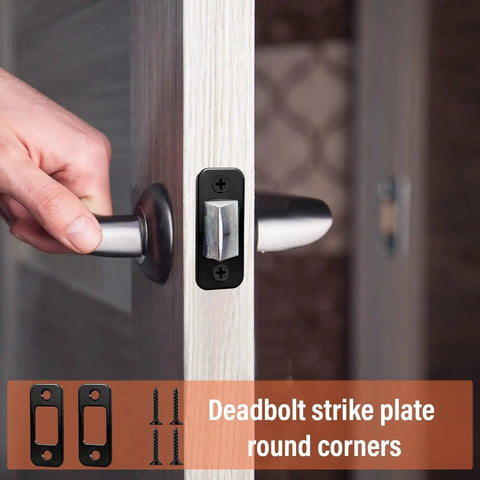 Four Pack Deadbolt Strike Plate 1 Inch By 2 And A Quarter Inch Round Corner With Screws Matte Black Stainless Steel installed on door