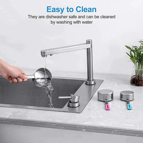 Stainless Steel Measuring Cups And Spoons Set 10 Piece For Cooking And Baking being washed in a kitchen sink, highlighting easy cleaning.