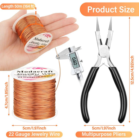 Copper Wire Jewelry Making Kit With 164ft Of 0.6mm Bare Copper Wire And 4 In 1 Pliers for beading. Includes 164ft wire and pliers.
