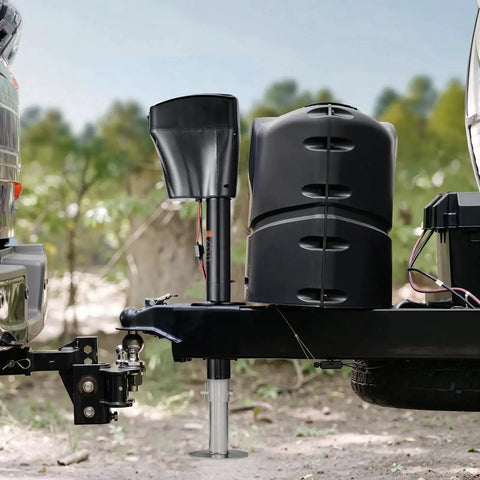 Electric Tongue Jack 5000 Lbs Heavy Duty RV Trailer 2 Way Connector installed on a trailer hitch