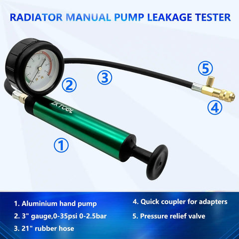 ZKTOOL aluminum radiator pressure tester with hand pump, 3-inch gauge, 21-inch rubber hose