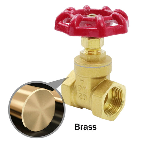 Brass 3/4 in gate valve with red wheel handle, DN20 female threaded ends