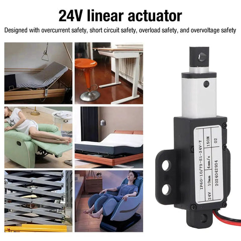 Compact 24V DC Linear Actuator With 150N Thrust, 0.39 Inch Stroke, shown in various home automation applications.