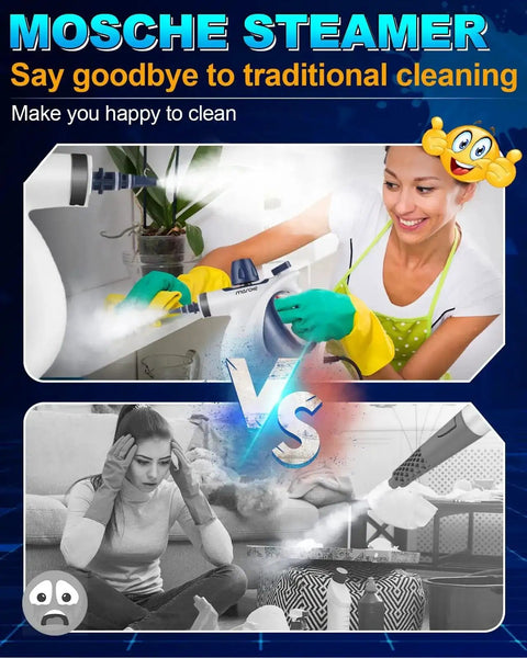 Woman happily using Powerful Handheld Pressurized Steam Cleaner With 11-Piece Accessory Kit For Multi-Surface Cleaning at home