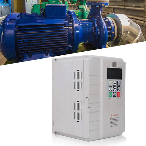 7.5KW VFD Variable Frequency Drive Inverter for 220V to 380V Motors shown with blue motor and control panel