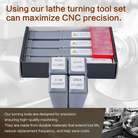 Indexable Lathe Turning Tool Set 14 Pcs Kit With Half Inch Shank Includes Four Metal Tool Holders And Ten Carbide Inserts displayed
