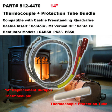 14-inch thermocouple with protection tube bundle; braided metal coil with yellow heat sleeve.