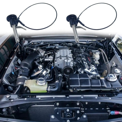 Two Pack 304 Stainless Steel Ball Locking Pins With Quick Release Push Button And 24 Cm Lanyard Cable, shown over a car engine