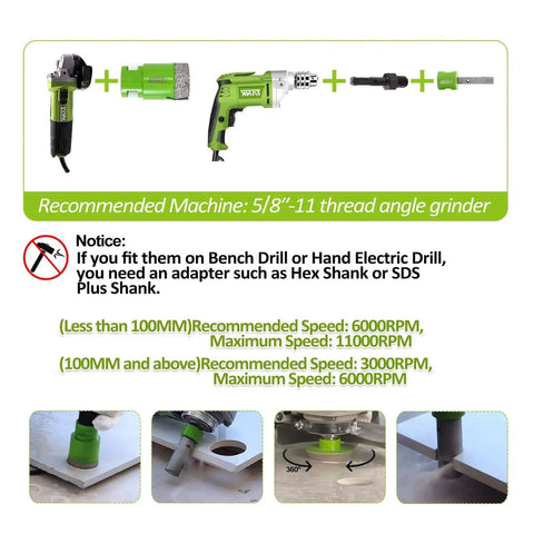 Diamond Core Drill Bit Set For Tile And Stone 11 Piece Kit With 20mm Milling Bit And 2 Inch Beveling Chamfer Bit Includes Diameters 6 8 10 25 35 50 75 127mm And 5 8 11 To SDS Adapter Ideal For Porcelain Ceramic Tile Granite Marble shown with recommended machine and usage instructions