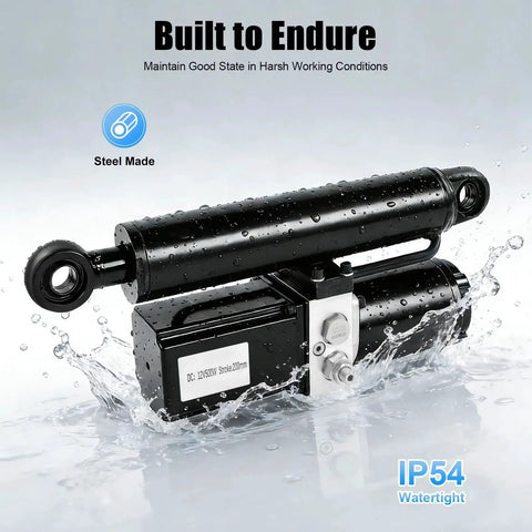 Angled side view of a 2T heavy‑duty 12V electric hydraulic actuator in black steel with IP54 waterproof rating.