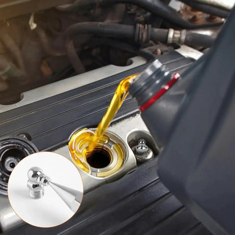 Close-up of oil being poured into engine with inset showing Must Have Heavy Duty 45 Piece Metric Grease Fittings Kit With M6 M8 M10
