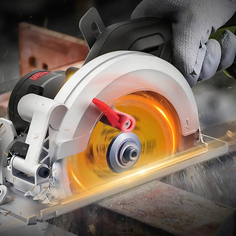 Circular saw with glowing diamond blade cutting wood, suitable for use with 4 Pack Four And One Half Inch Electro Plated Diamond Grinding Wheel Set For Angle Grinders Beefy Heavy Duty Indestructible Blades For Metal Tile Stone Concrete Multi Material Cutting.