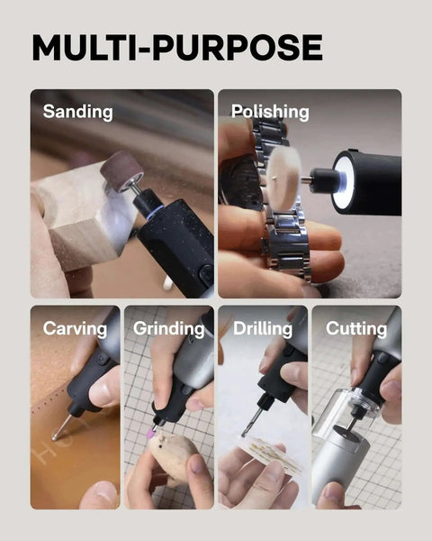 Cordless Rotary Tool Kit With Five Speed Settings Up To 25000 RPM For DIY Folks USB C Rechargeable LED Light And 35 Attachments for sanding, polishing, carving, grinding, drilling, cutting.