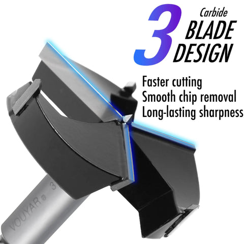 2 Inch Forstner Drill Bit with Triple Flute Carbide Tips, showcasing blade design for clean cuts in hard wood and plastic.