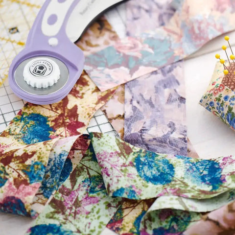 All In One 45mm Rotary Cutter Set With 5 Extra Blades, A3 Self Healing Cutting Mat, fabric scraps, craft project, purple