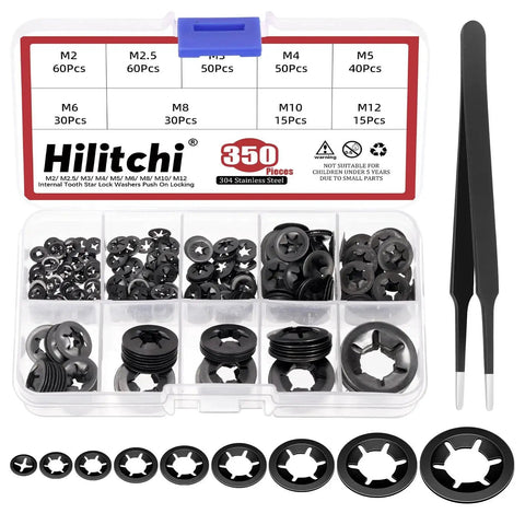 Hilitchi 351-piece internal tooth star lock washers assortment kit in plastic case with tweezers; M2–M12, black oxide steel