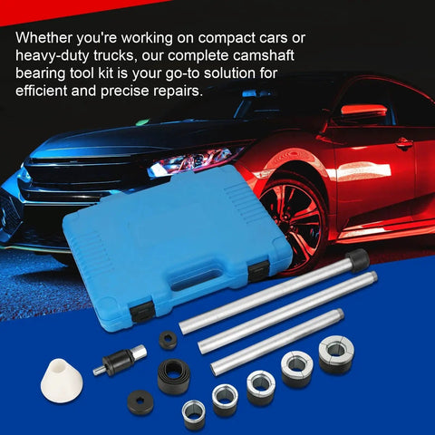 Cam Bearing Removal And Installation Tool Set for 1-1/8 to 2-2/3 inch camshaft bearings with blue case, steel rods and adapters.